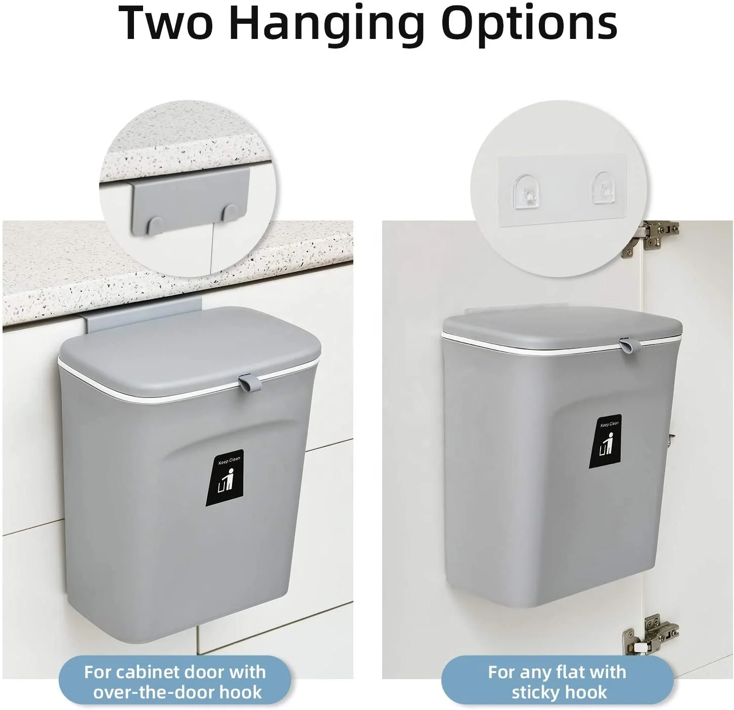 7L, Gray Kitchen Cabinet Door Hanging Trash Can with Lid 2.4 Gal Small Under Sink Garbage Can for Restroom RV Kitchen Trash Bin Plastic Bathroom Wall Mounted Counter Waste Compost Bin 