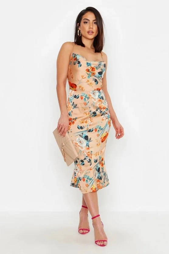 Silk Satin Custom Pattern Floral Hem Slip Digital Print Dress Styles ...