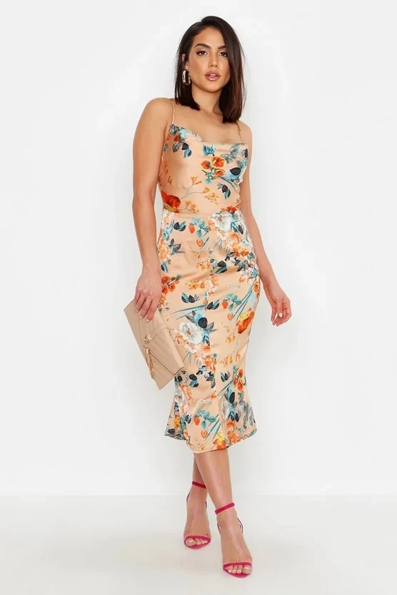 Silk Satin Custom Pattern Floral Hem Slip Digital Print Dress Styles
