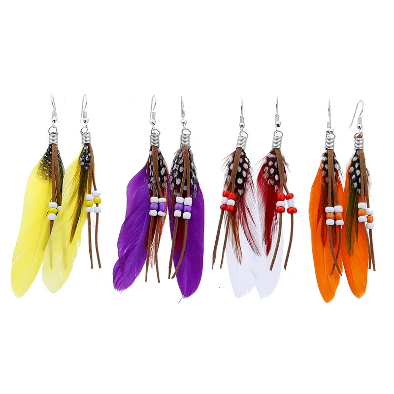 Wholesale Cowgirl Bohemian Vintage Native American Jewelry Boho Long Tassel Beaded Feather Earrings For Women