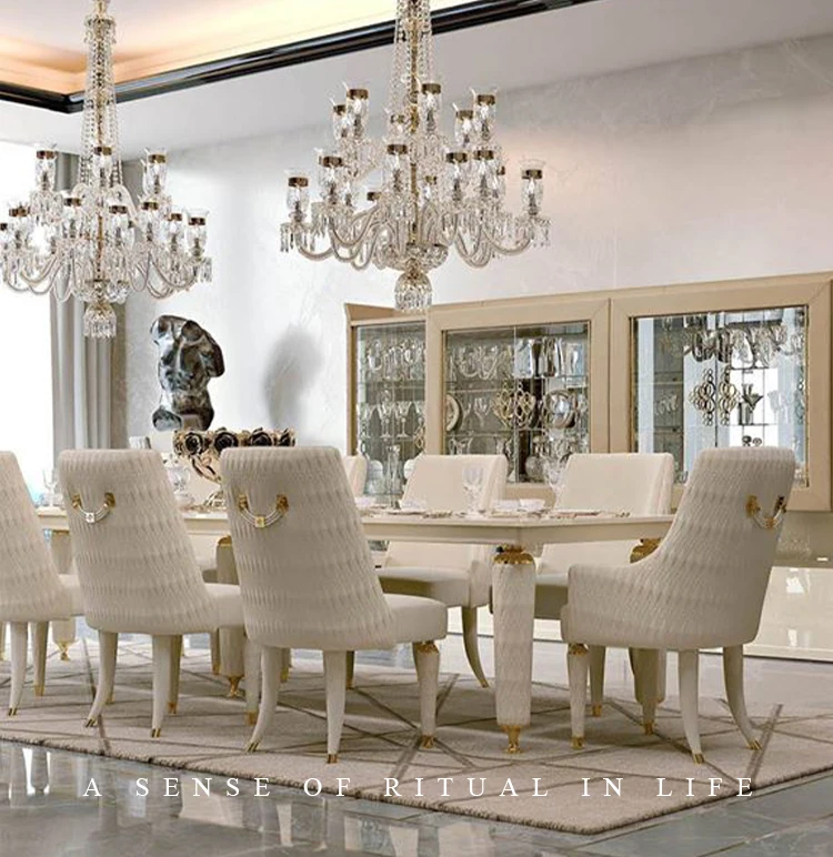 Italian Style Marble Granite Top Dining Tables And Leather Chairs