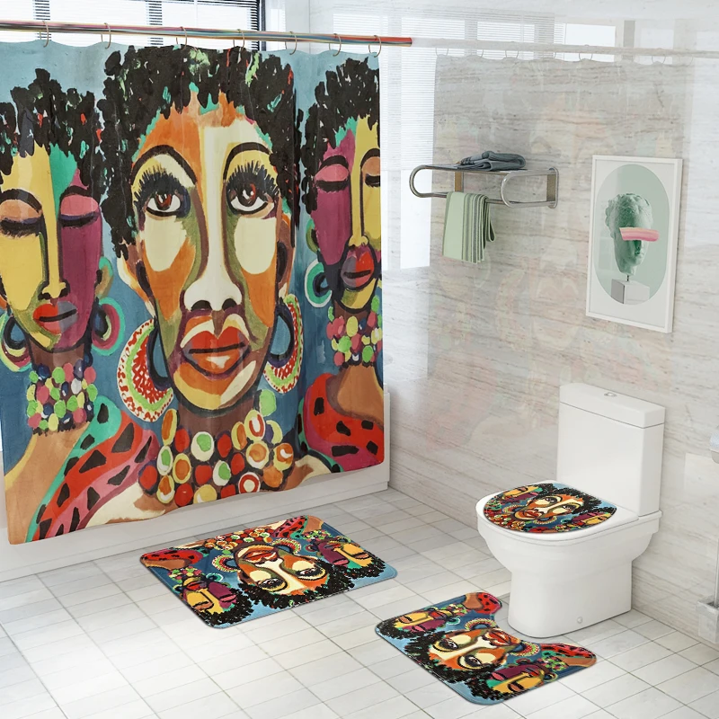 Africa Style Anti Slip Bathroom Rug 4 Piece Set Custom print Shower curtain