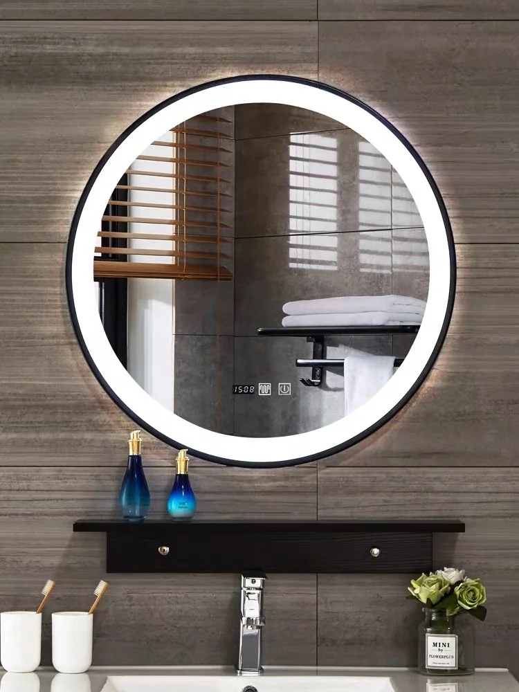 Smiley Face Modern Touch Screen LED Lighted Smart Vanity Round Shape Bathroom Mirror
