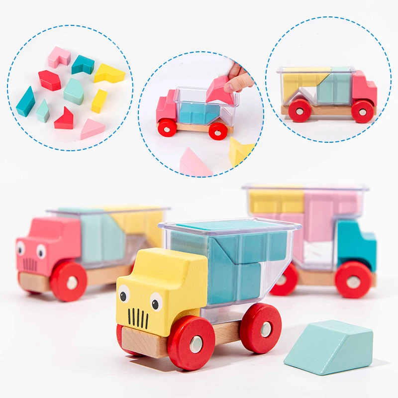 3 truck DIY building block loading and unloading game 48 puzzles Baby wooden truck building block early education color cognitive education toy 