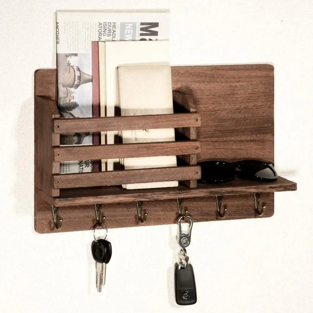 Entryway Mail Envelope Organizer Wall Mounted With 6 Key Hooks,Rustic ...