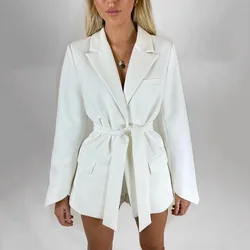 High Quality Solid Color Long Sleeve Corset Belt Office White Blazer Coat For Women