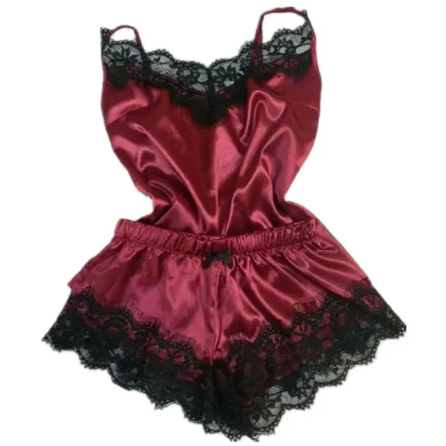 新しい女性パジャマセクシーなサテンパジャマセット黒レース V ネックノースリーブパジャマかわいいキャミキャミトップとショーツのスパースター