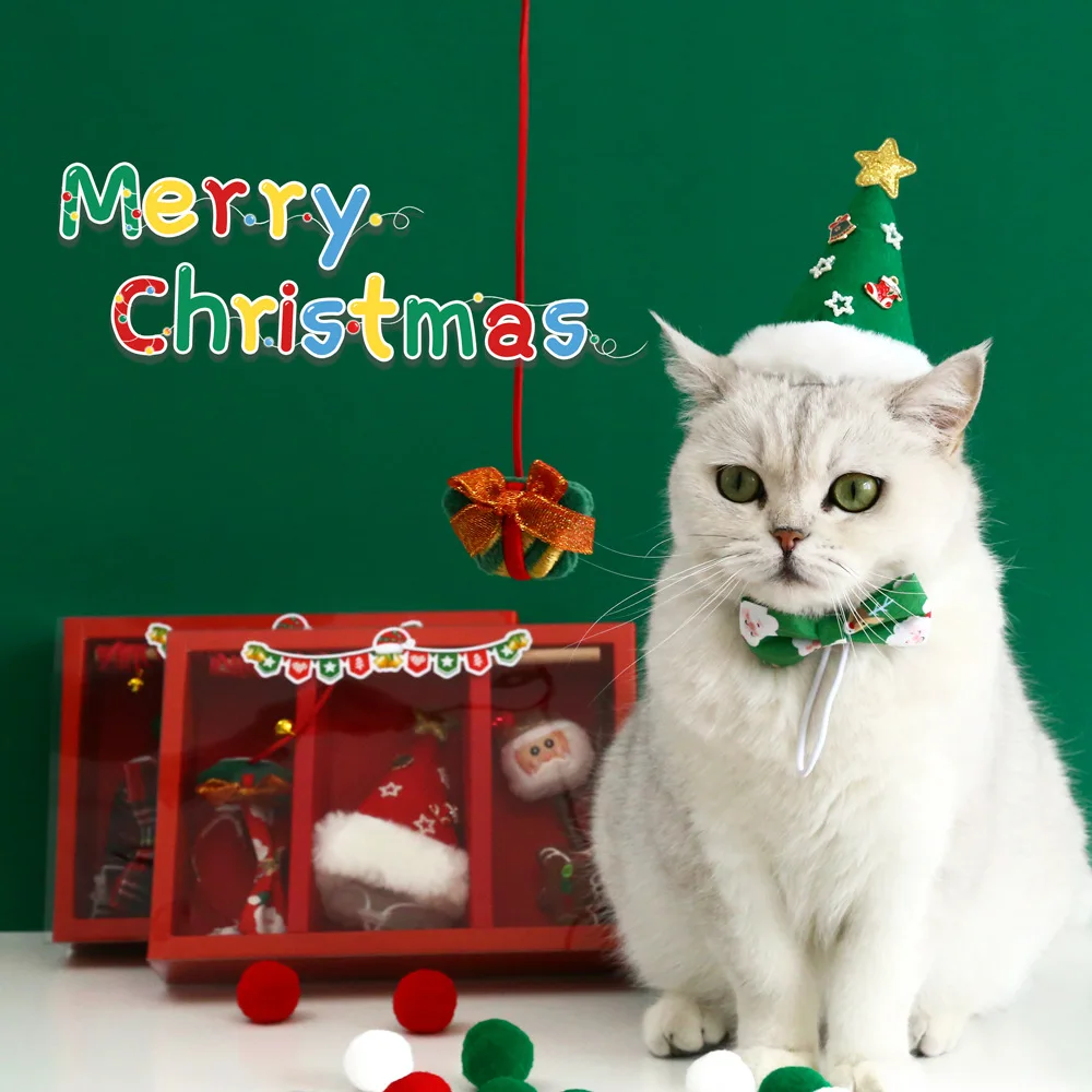 Interactive Eco-Friendly Cat Chew Toy Set Santa Claus Tree Hat Bow Tie Collar Teaser Wand Plush Christmas Pet Toy