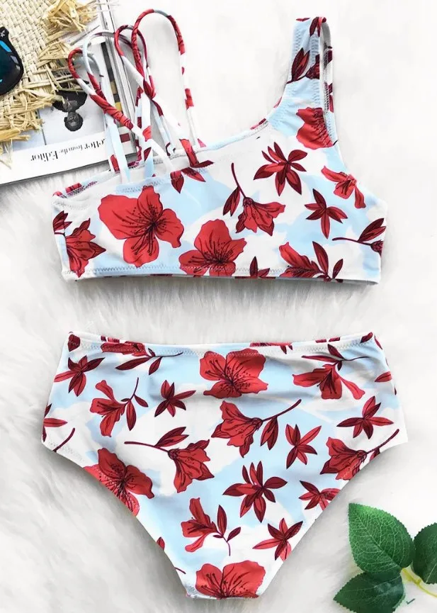 Custom High Waist Strappy Floral Crop Bikini Swimsuit In Red - Buy ...