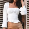 T1732566 High quality cheap fashion Long-sleeved square collar ruffled T-shirt cotton white ladies top blouses elegant