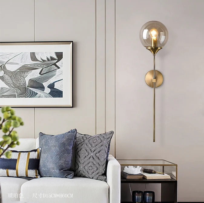 modern factory golden LED indoor wall lights bedroom glass ball shade metal wall lamp