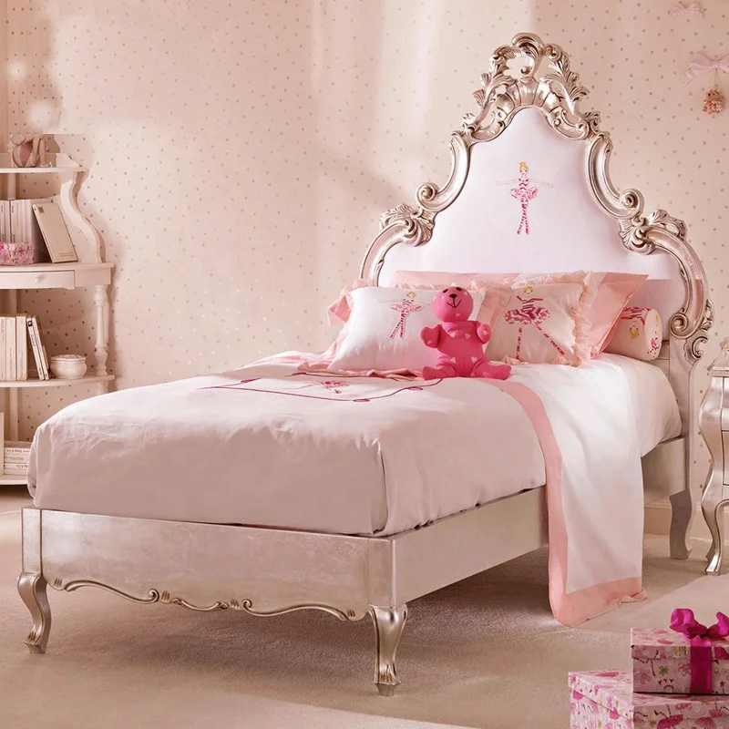 Top Grade Classical Pink Princess Bed Wooden Hand Carved Children