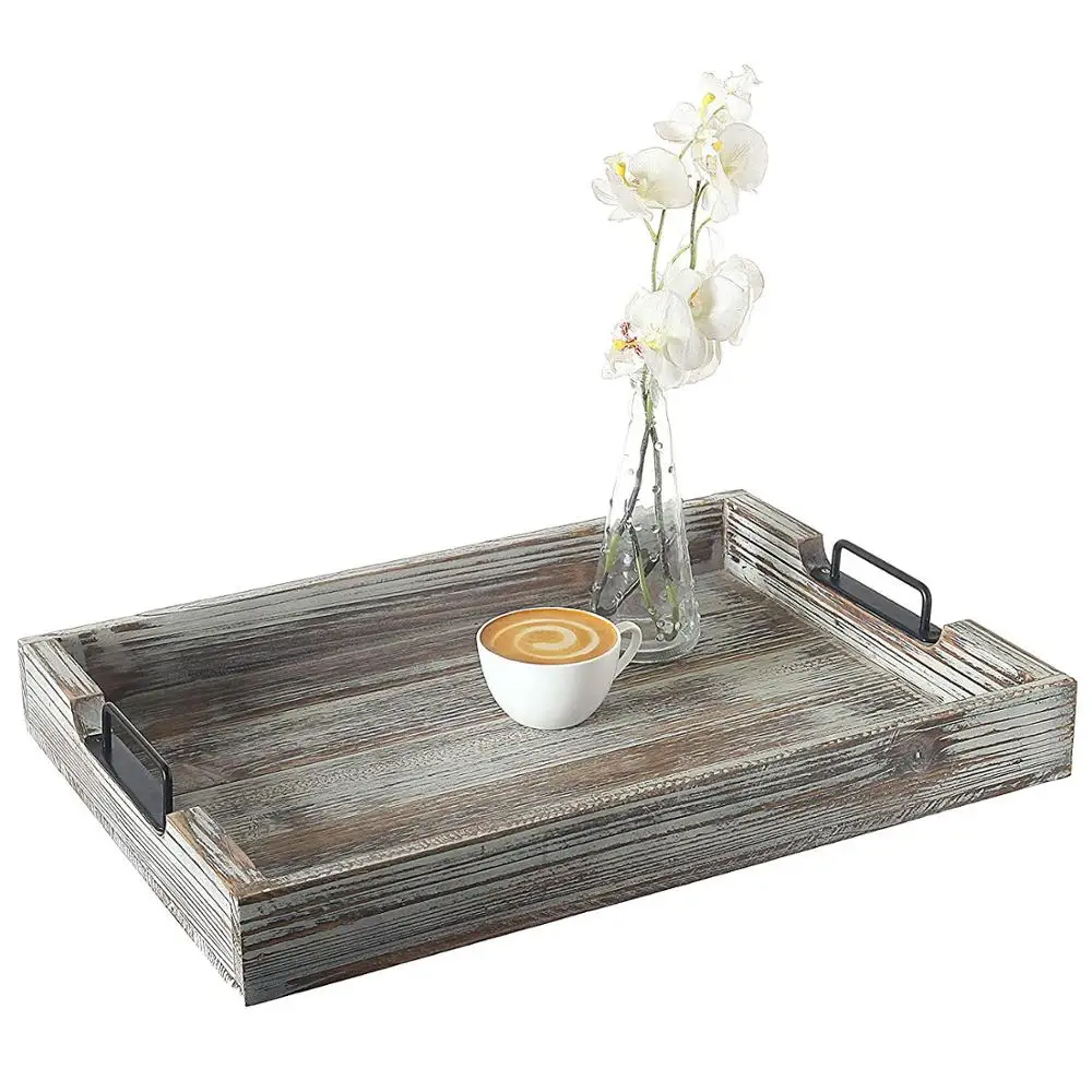 PHOTA 20x14x2.5 inch natural wood breakfast serving tray with metal handle