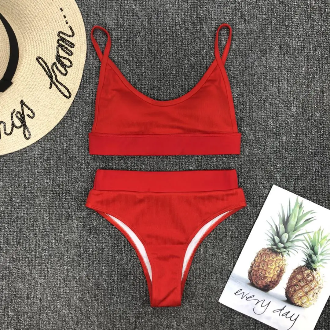 Hanrong New High Waist Pure Color Bikinis Women Push Up Swimsuit Red Two Piece Bathing Suit Swimwear