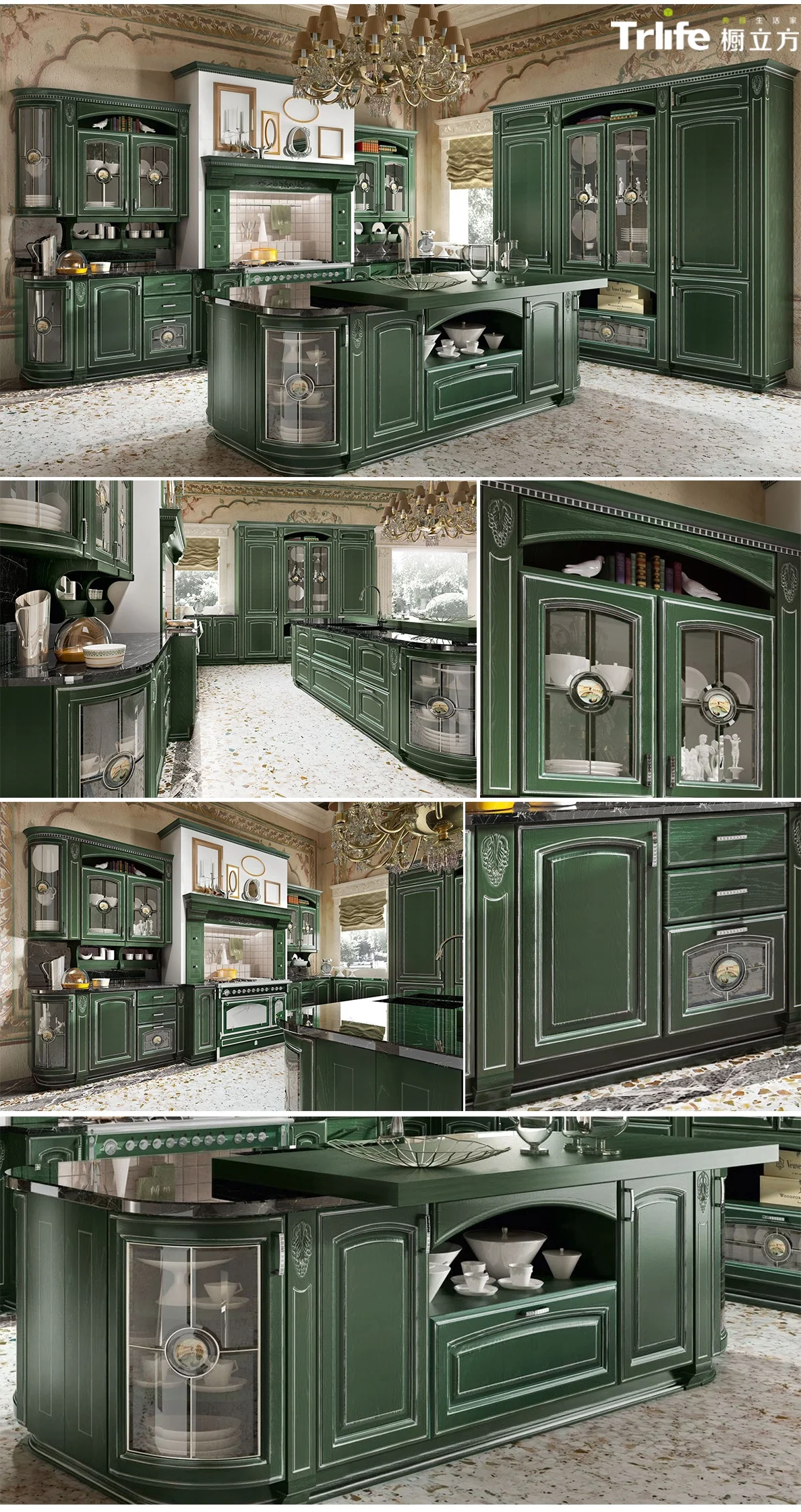 Marble flat edge countertop dark green pure solid wood high-end custom kitchen cabinet