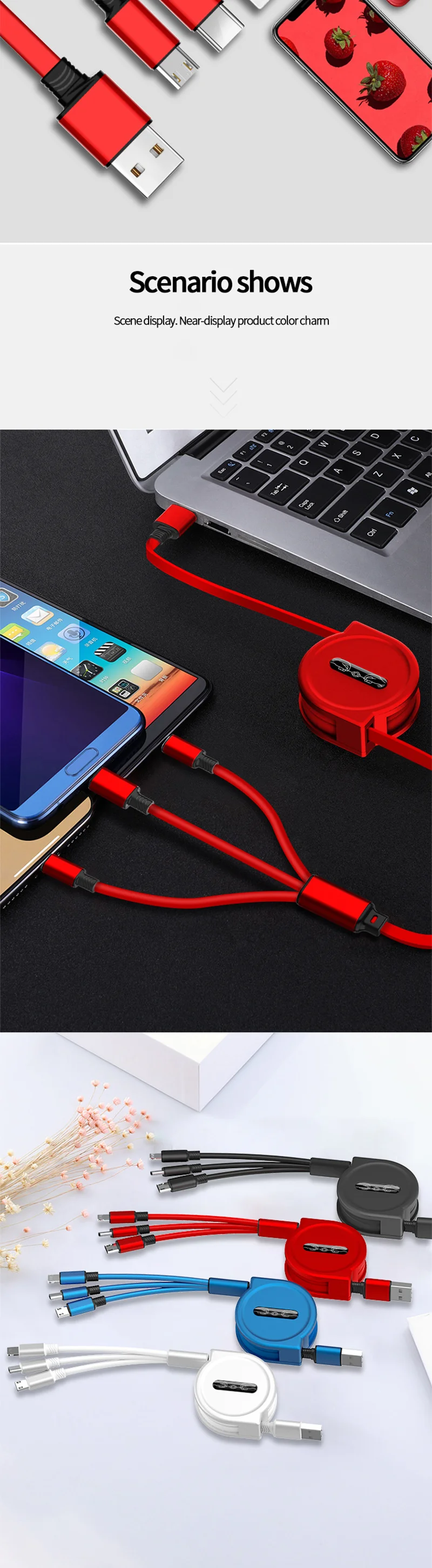 Eonline 2.5A 120cm 3 In 1 USB Charge Cable for Phone USB & USB C Cable Retractable Portable Charging Cable For X 8 Samsung S9