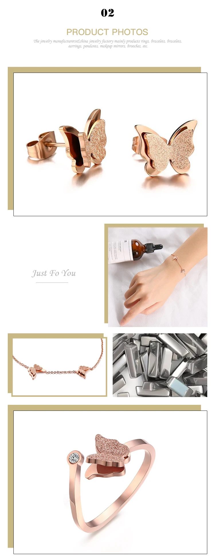 Wholesale Rose Gold Titanium Steel Butterfly Bracelet/Necklace/Ring/Earrings Women's Jewelry Jewelry Set BR-566