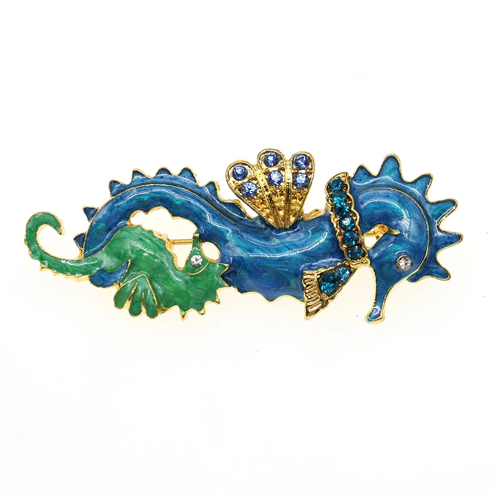 Free Shipping cheap brooches wholesale Cute marine life fashion dark blue seahorse  enamel rhinestone brooch