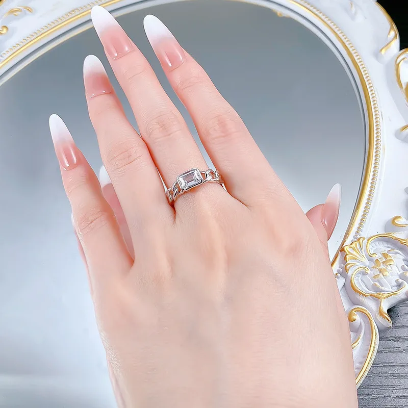 S925 Silver White Gold 5*7 Rectangular Lab Diamond Cuban Ring Live Cross-Border Chain Trendy Weddings Engagements