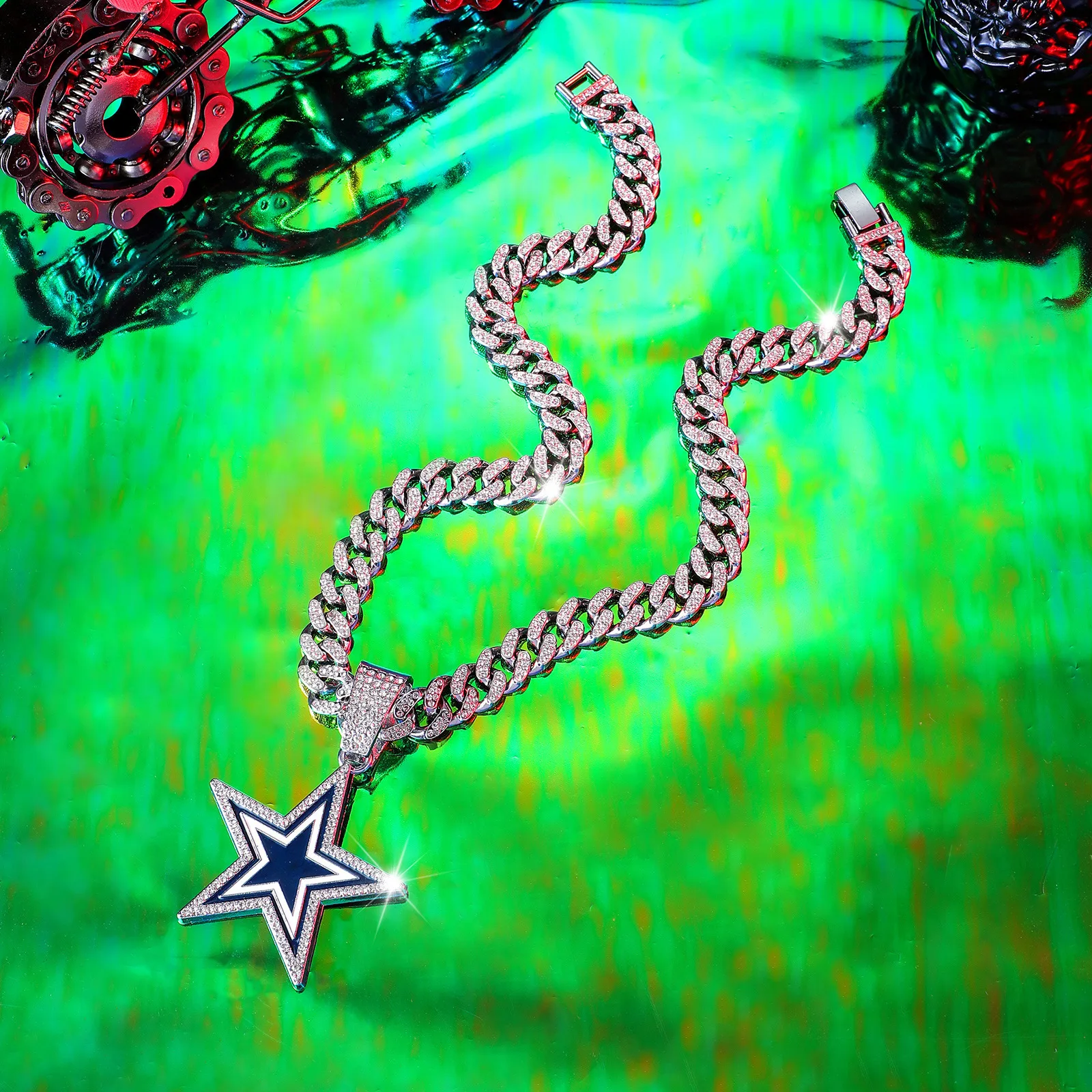 product european american style full diamond blue five pointed star pendant necklace fashionable hip hop design for men women for gift-3