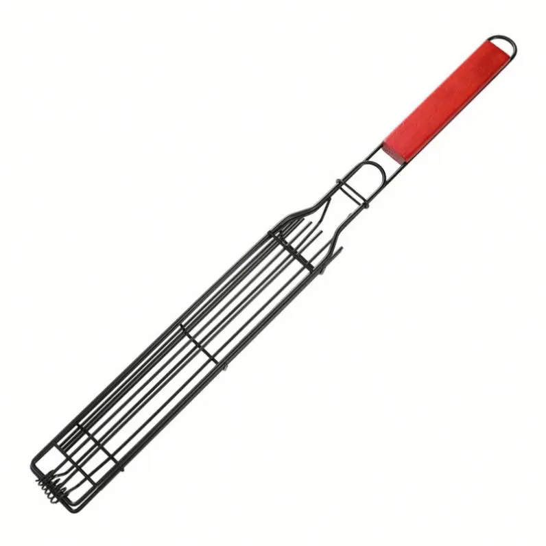 Outdoor Home Grill Stainless Steel BBQ Utensils Wood Handle Heat Resistant Non-Stick Skewers Vegetable Splint Cage Metal Tools details