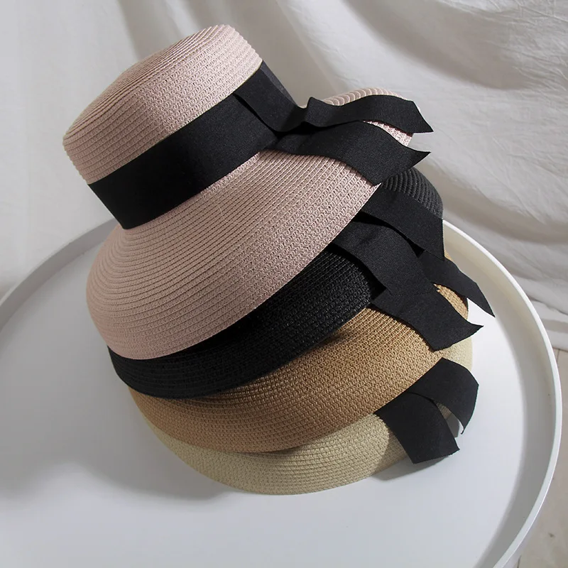 7055 Fashion Summer Girls Beach Sun Hat Wholesale Custom Plain Wide Brim Ribbon Straw Hat For Women
