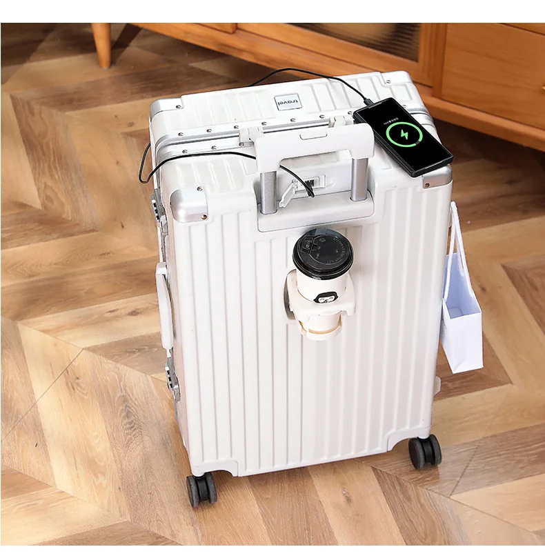 product 29 inch multifunctional pc trolley universal wheel spinner usb charging port aluminum frame new cup holder cartoon hard case-11