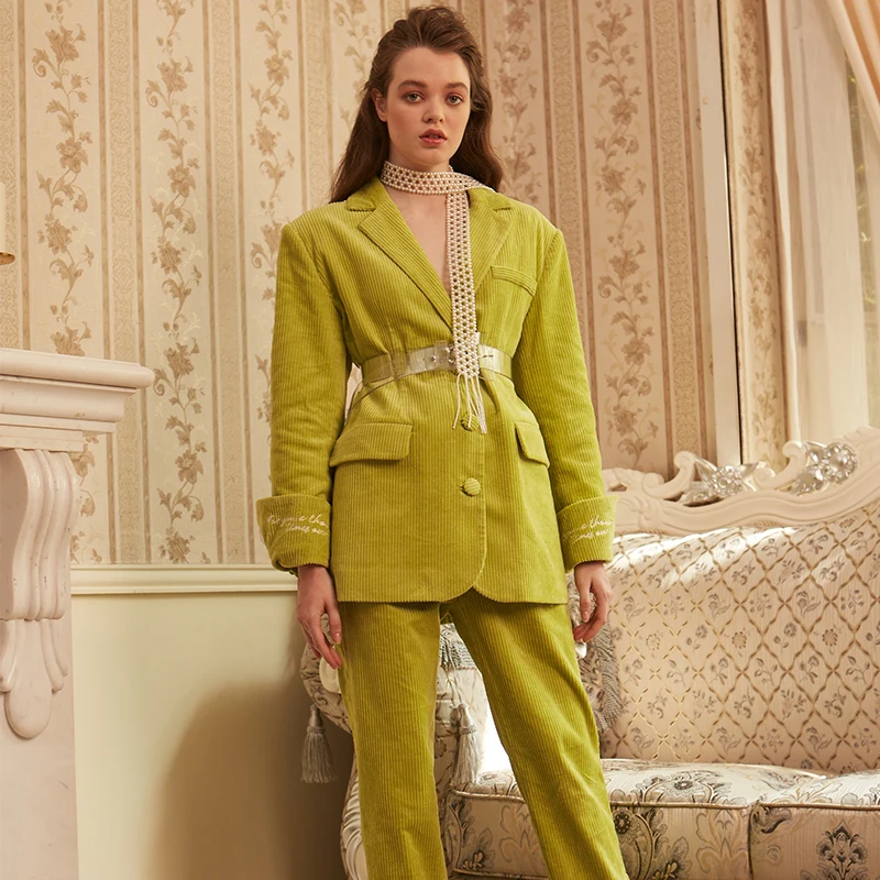 
RENI20 Autumn and Winter Turquoise Green Shoulder Pads Small Lapel Embroidered Rolled Sleeve Blazer 