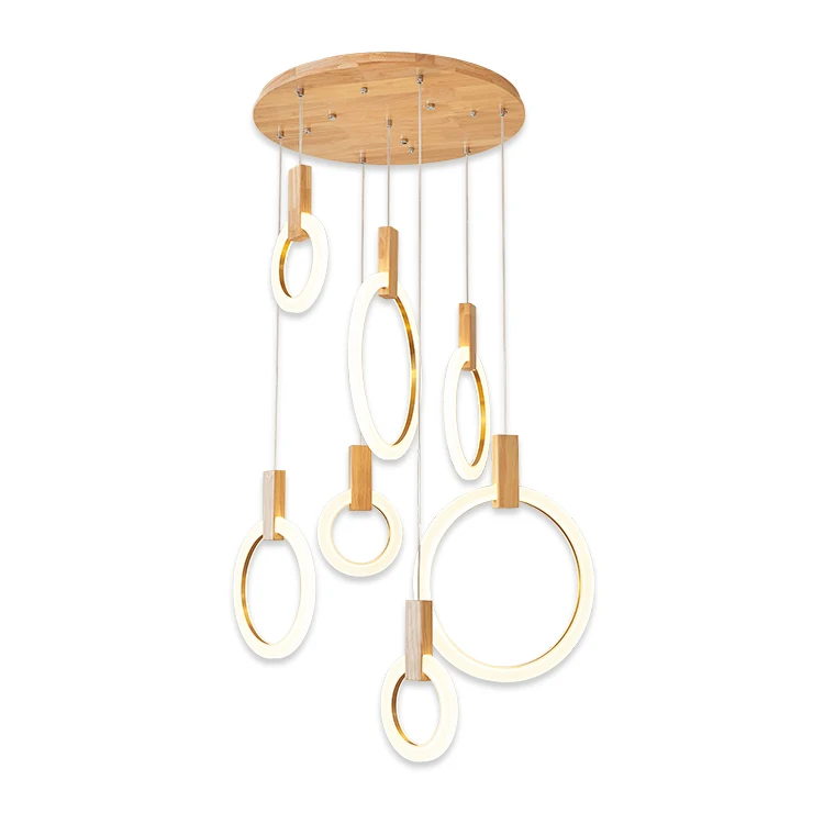 Home decoration modern rope hanging 7 ring aluminum wood ceiling chandeliers