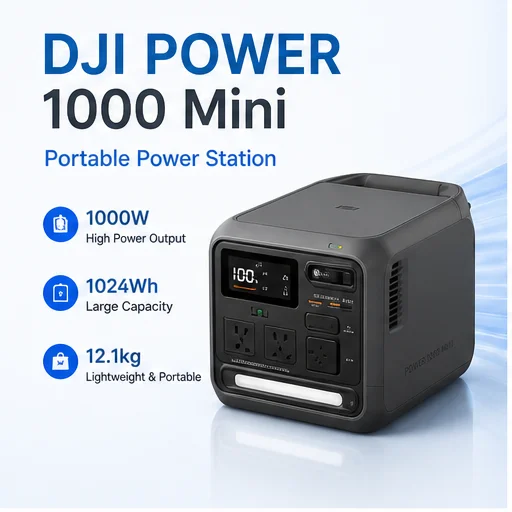 Side view of a compact 1000Wh portable power station with LCD screen and AC outlets