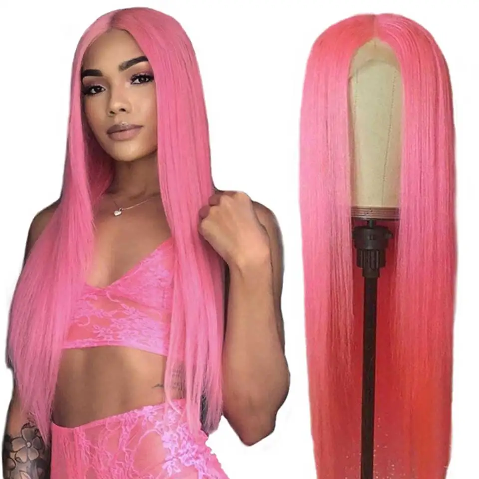 Pre Colored Pink Purple Yellow Green Gray Sexy 100% Human Hair Lace Front Wigs, Peruvian Straight Long Hair Wigs.jpg