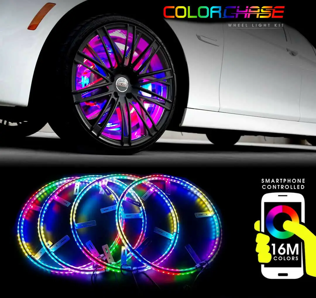 LED Wheel Lights 17" 4 Wheel Set Color Chasing Moving Wireless by App for Cars Trucks