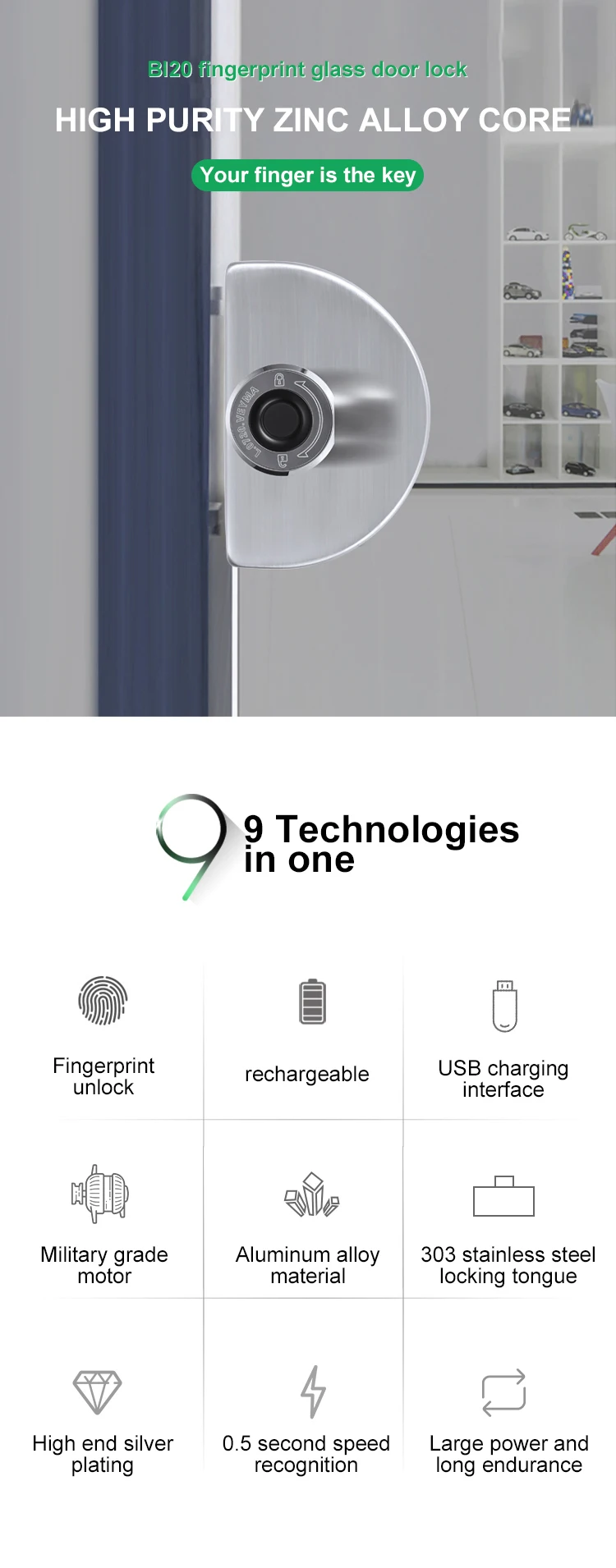 Smart mobile phone APP Remote Control Fingerprint Frameless Tempered Sliding Glass Door Push Hook Lock For Office