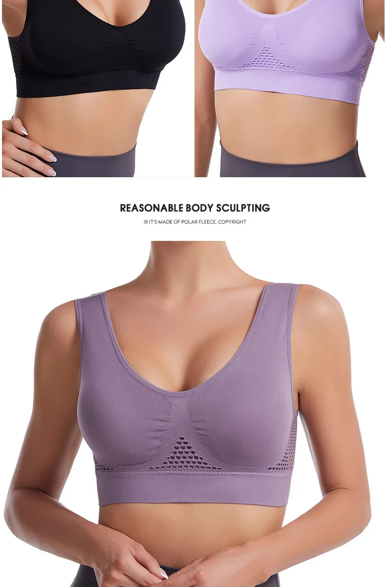 Women's Sports Bra Vest Large Size Yoga Sports Underwear Breathable Hollow Mesh Wire-Free Support Solid Pattern Summer-Thin
