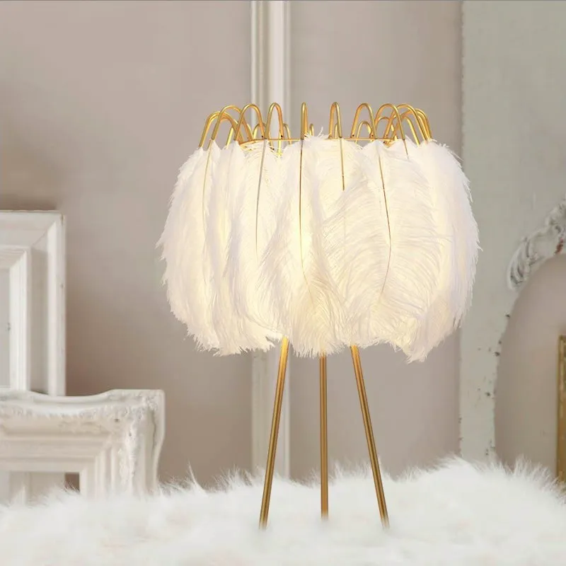 Hot selling  white feather  living room lighting  led desk light reading lampara de mesa bedside table lamp