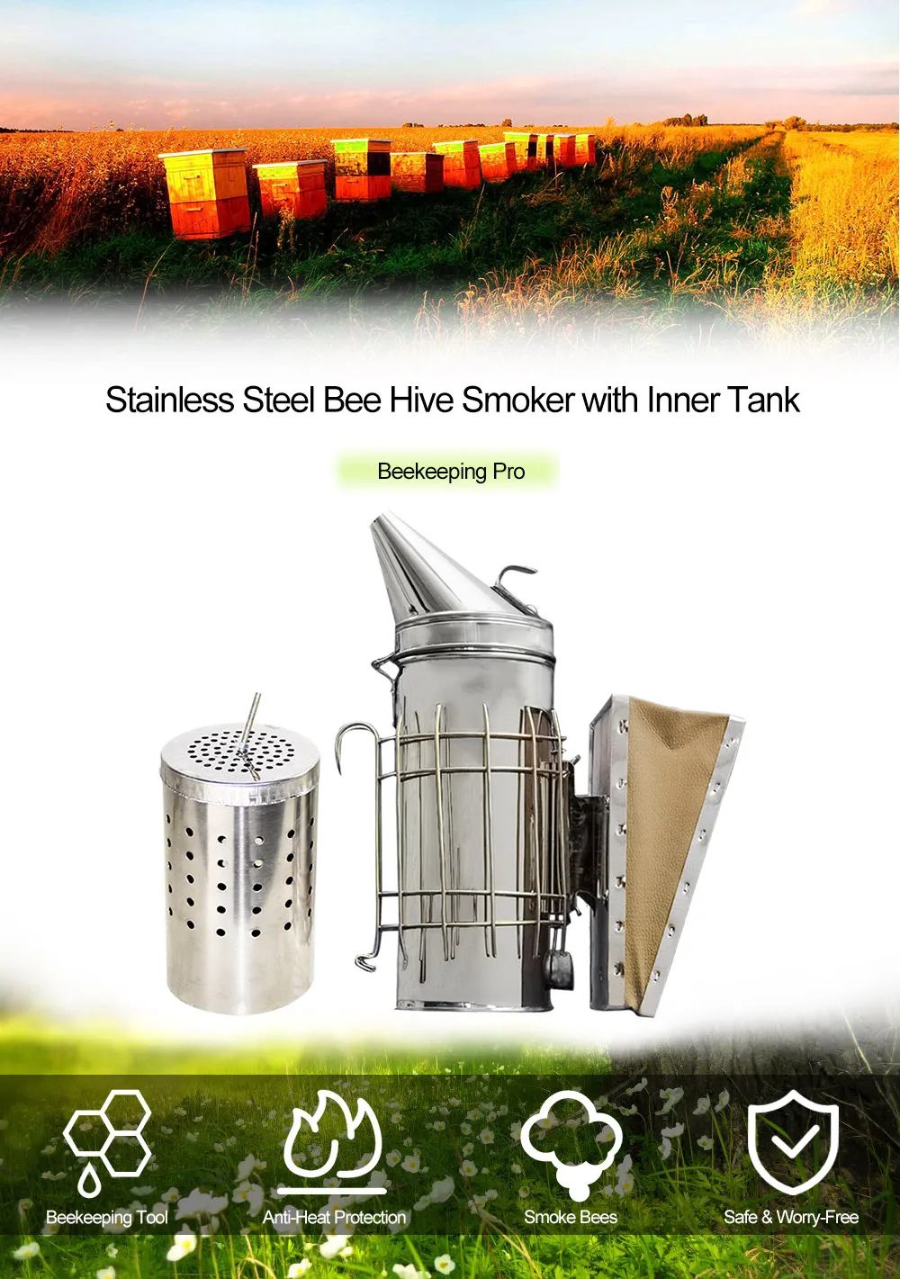 SizeS Stainless Steel Anti-Scald Bee Hive Smoker with Inner Tank Beekeeping Tool 
