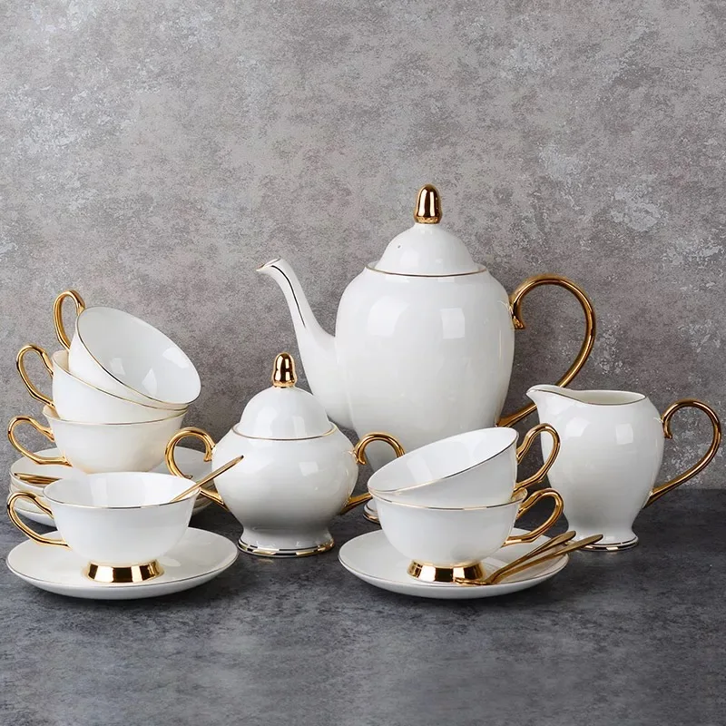 Graceful Food Grade China Tea Coffee Sets,Tea Cup Saucer,15pcs Porcelain Tea Set With Gold Handle for Wedding details