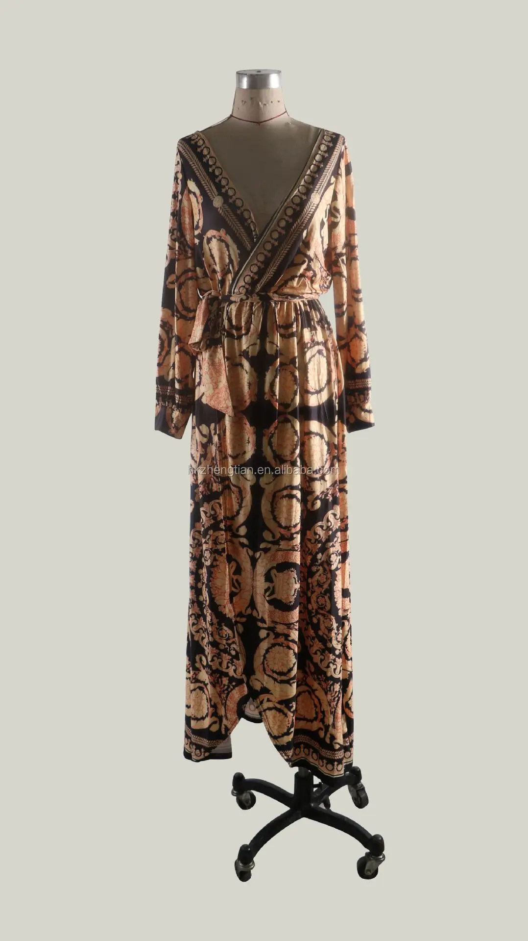 波西米亚复古花卉印花夏季女装金色长袖 v领马克西礼服女士海滩假日