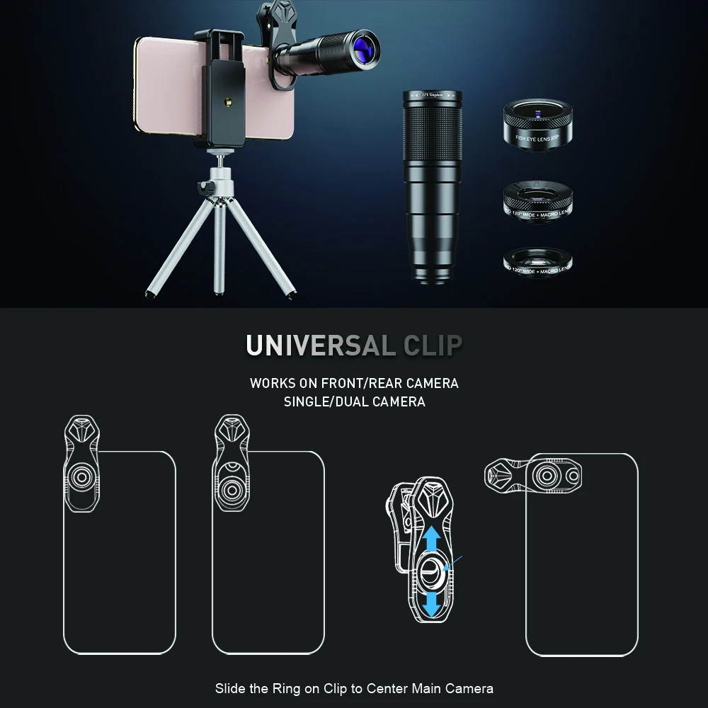 Amazon Top Seller 2020 APEXEL Mobile Camera Lens Universal Clip 22X Optical Zoom Telescope Lens Kit 4in1 With Tripod