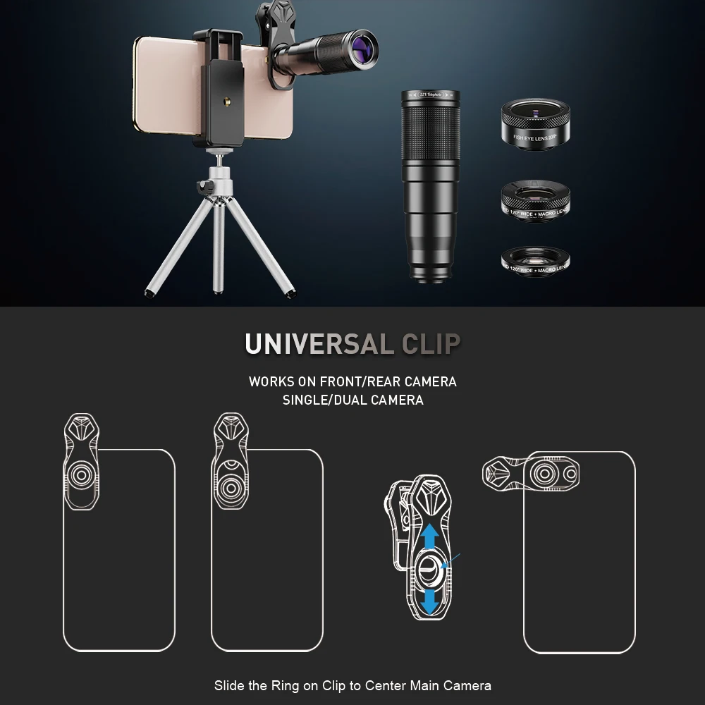 Amazon Top Seller 2020 APEXEL Mobile Camera Lens Universal Clip 22X Optical Zoom Telescope Lens Kit 4in1 With Tripod