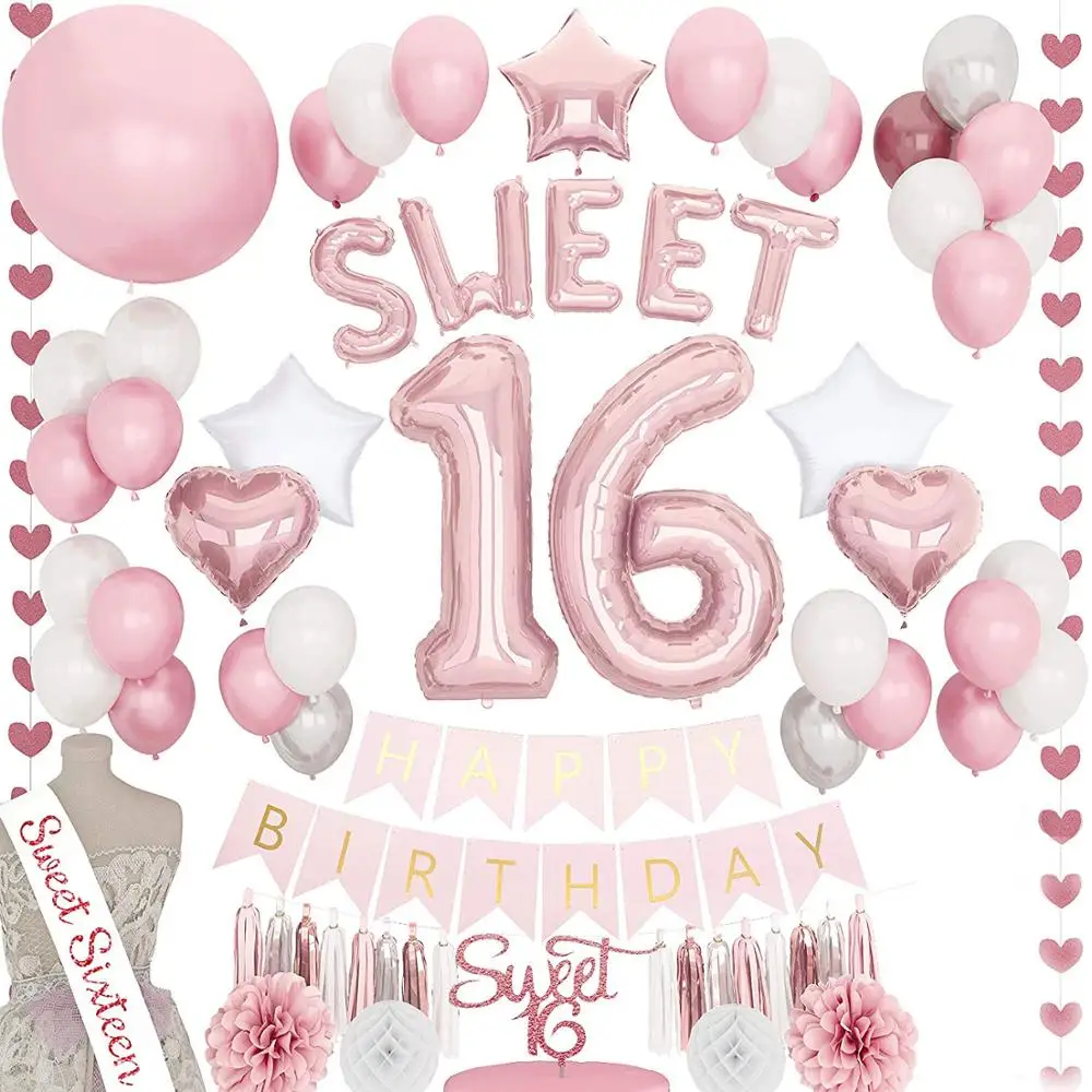 Süße 16th Geburtstag Dekoration Partei Liefert Schärpe Kuchen Topper Luftballons Rosa Süße 16 Geburtstag Dekorationen für Mädchen
