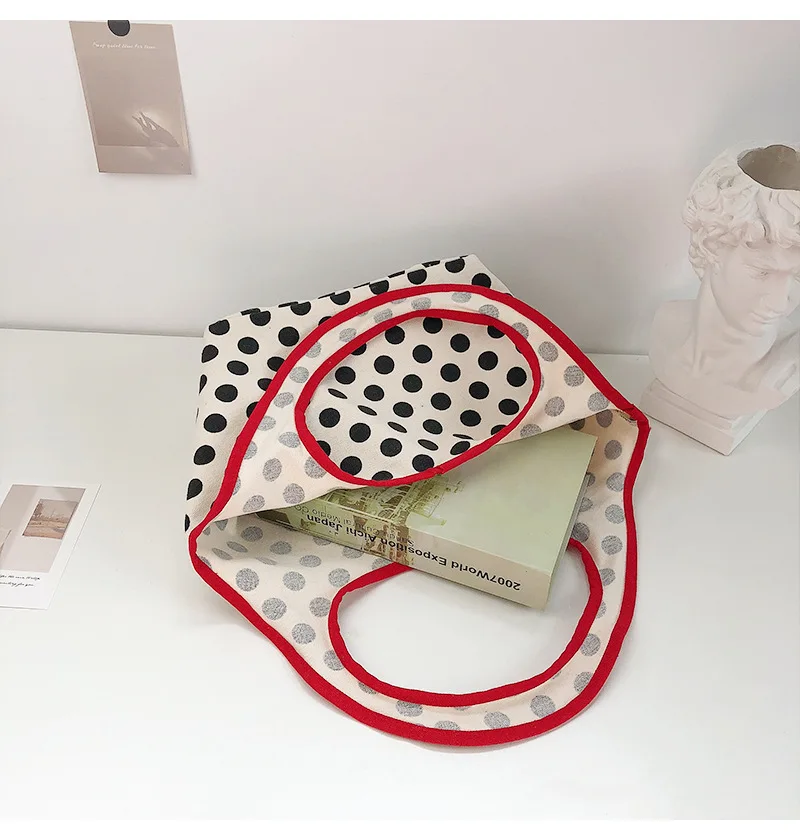 2024 Japanese Style Canvas Shopping Bag Fashionable Dot Casual Shoulder Handbag Outdoor Canvas Shopping Bag