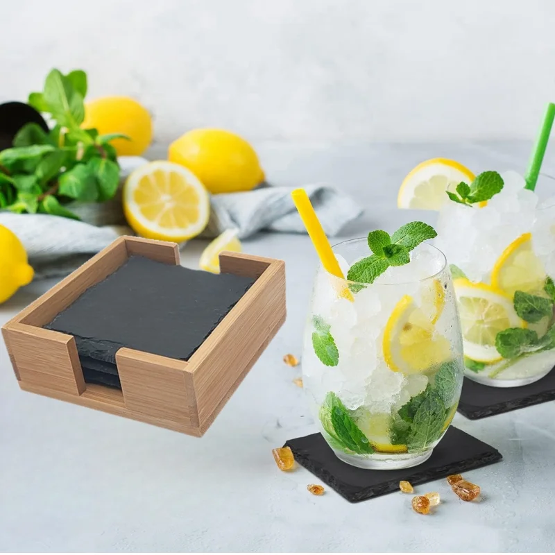 product custom tabletop cup slate mat 4 pieces set 10cm natural black bluestone coasters with bamboo holder for bar restaurant party-1