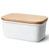 Large Butter Dish - Porcelain Keeper with Beech Wooden Lid, Perfect for 2 Sticks of Butter, White