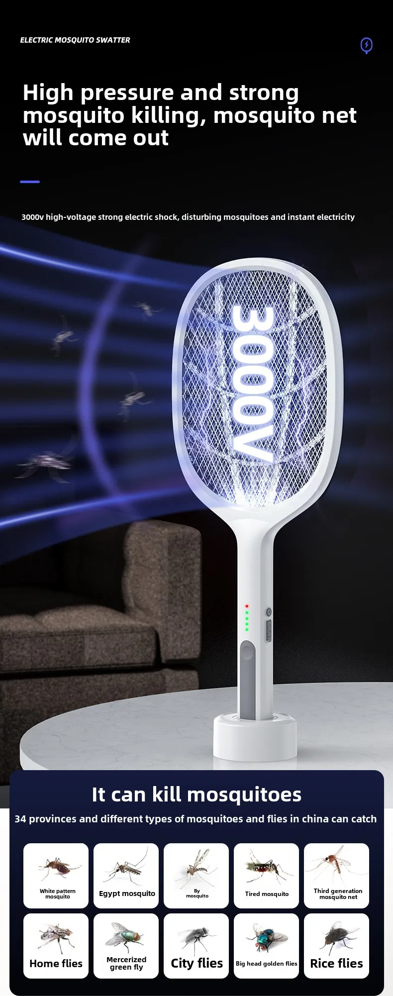 Three-in-One Household Electric Mosquito Killer Lamp Silent Swatter with Effective Physical Repellent Rechargeable