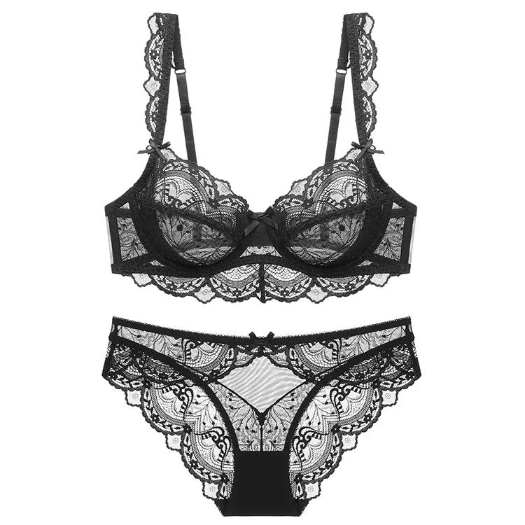 Women's Ultra-Thin Non-Sponge Transparent Lace Bra Set Floral Embroidered Sexy Underwear Large Chest Breathable Plain Dyed Waist