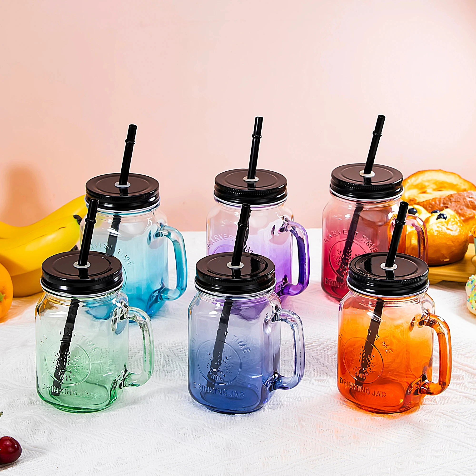 16oz Mason Jar Drinking Glasses Set With Reusable Straws And Lids Wide Mouth Mason Mug With ...