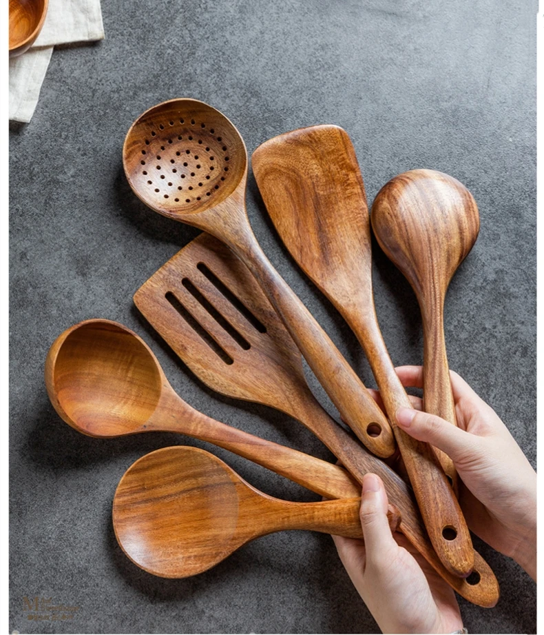 手工天然柚木木制厨房用具套装炊具锅勺烹饪不粘锅炊具
