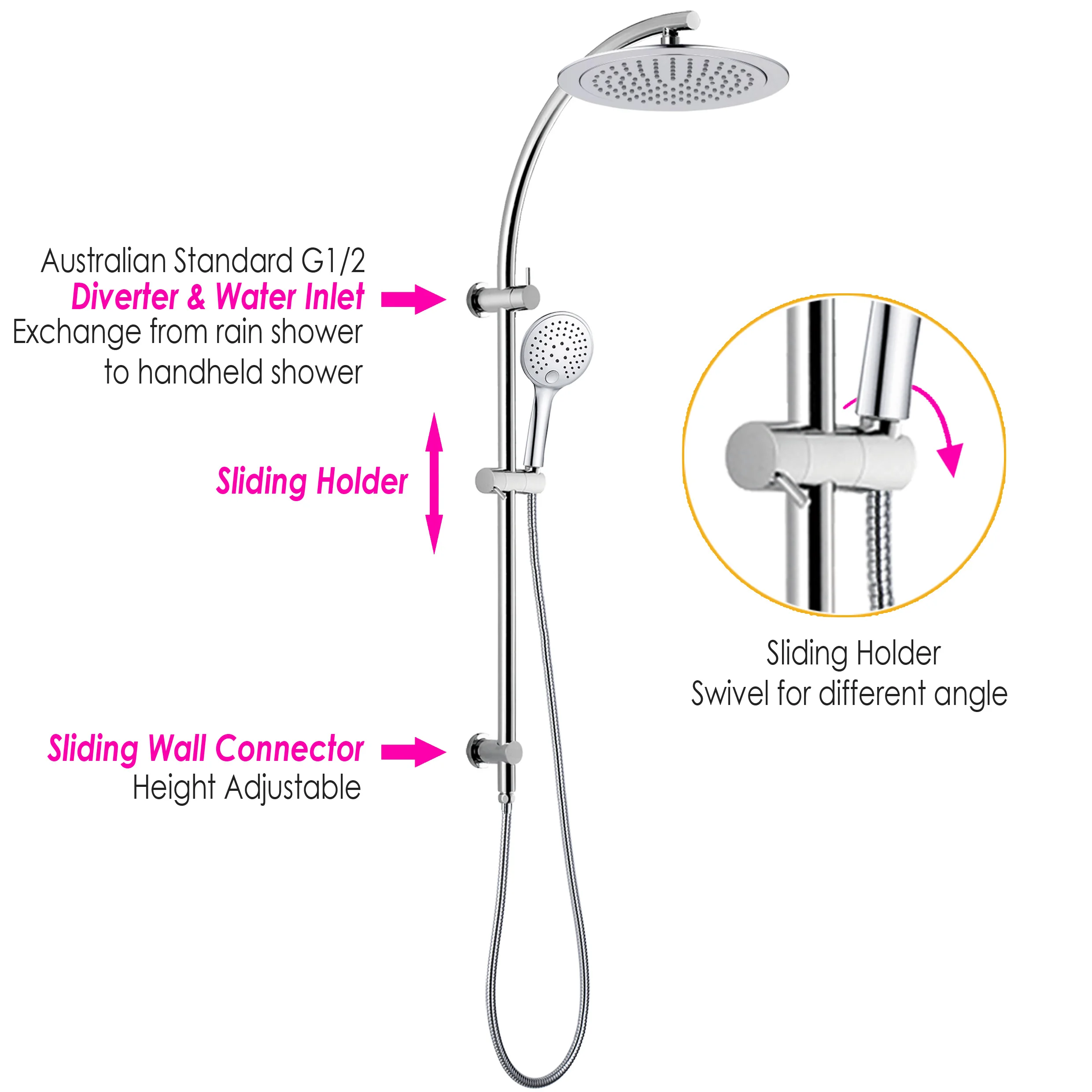 Chrome Brass Adjustable Sliding Bar 9 Inch Shower Head 3 Functions Hand