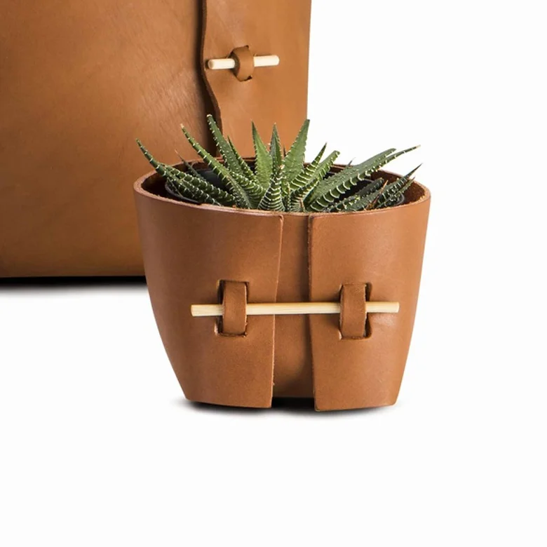 真皮盆鲜花可折叠花盆播种机木制macetas家居装饰
